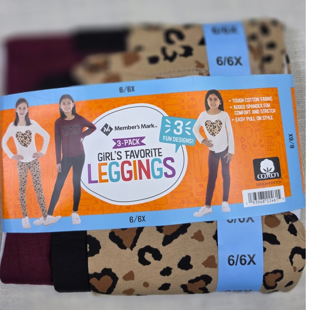 Member's Mark Girls Favorite Leggings 3-Pack Leopard Black Burgundy Size 6/6X